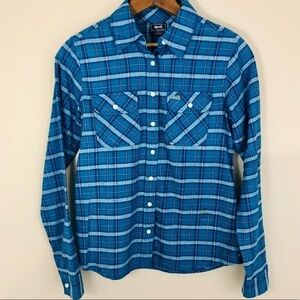 Le Tigre Blue Plaid long sleeve flannel button down women’s size Small cozy warm
